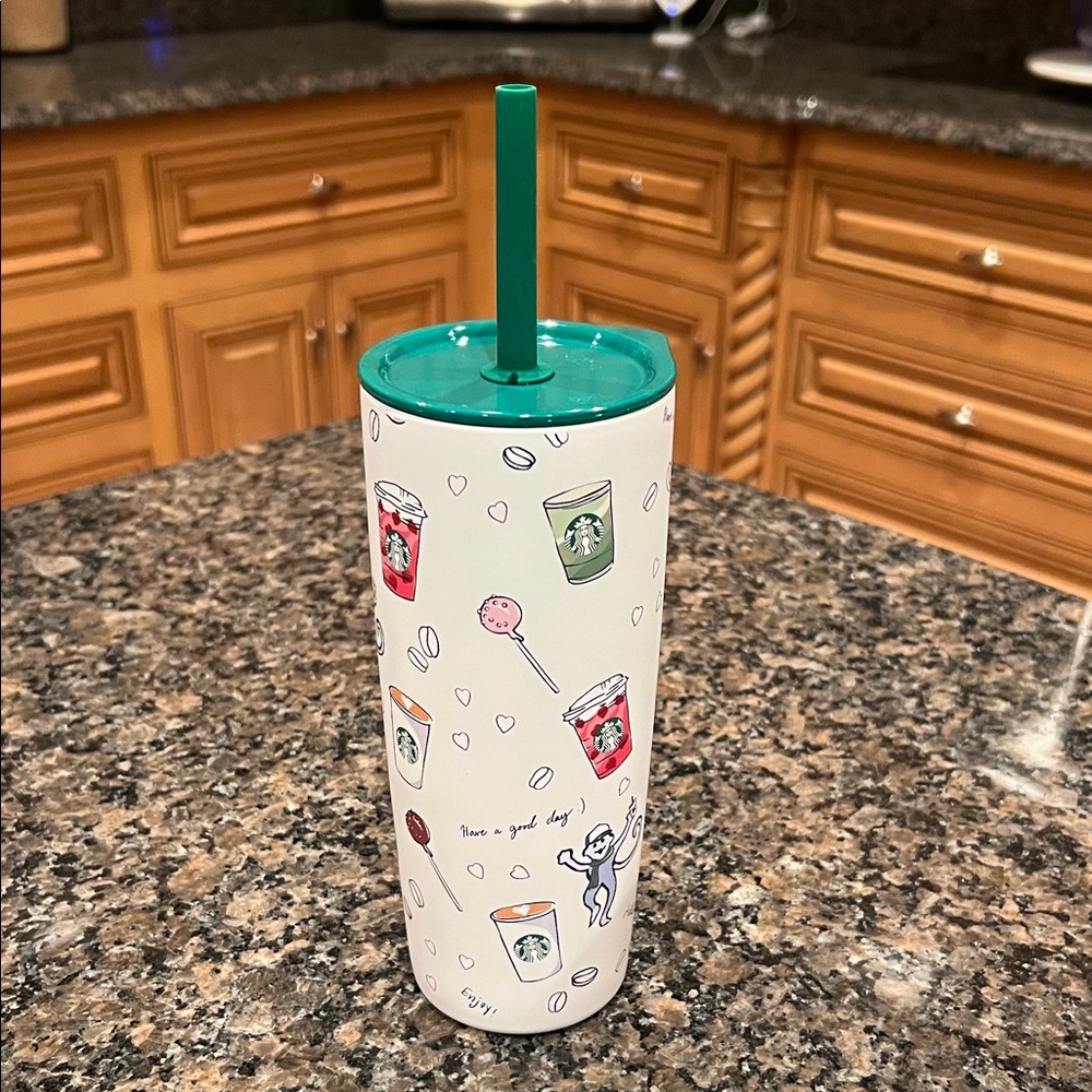 Starbucks White Tumbler with Green Lid and Straw